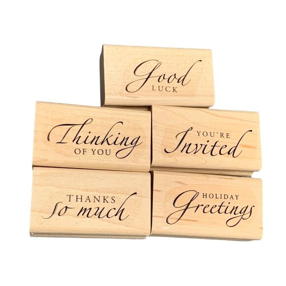 Set Of 5 Sentiment Rubber Stamps - Good Luck Thinking of You You're Invited - Picture 1 of 4